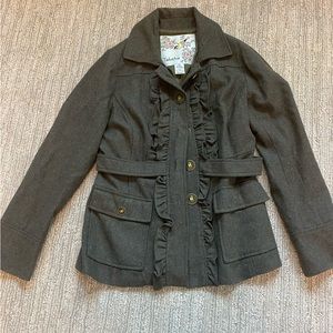 Tabitha Anthropologie Size 10 Green Wool Army Jacket With Ruffles